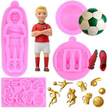 Imagem de MIYAHOUSE Série Futebol Fondant Moldes de silicone para decoração de bolos, topo de cupcake, pasta de goma de chocolate, argila de polímero, conjunto de 4