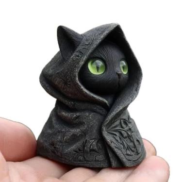 Imagem de Estatueta de gato preto com capuz estátua de mago gótico mini ornamento de prateleira de mesa decoração de escritório em casa presente para amantes de gatos, preto