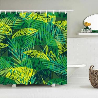 Imagem de Cortina de banho com padrão de folha de palmeira com folhas de planta verde, tecido impermeável, cortina de chuveiro para decoração de banheiro 84 x 72 pol. - 213 x 183 cm/LxA, cortinas de chuveiro