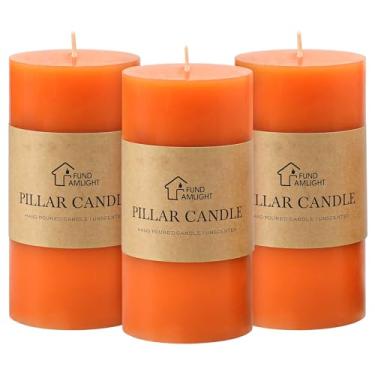 Imagem de Conjunto de 3 velas de pilar laranja de 7 x 15 cm - textura suave, velas de pilar laranja sem perfume para outono, sem fumaça, velas longas sem gotejamento para Ação de Graças, Halloween e decoração