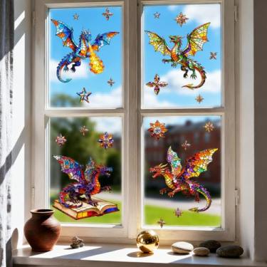 Imagem de ANATTASOUL Adesivos de janela estática dragões e livros, 1 folha de decalques reutilizáveis para vidro, 120 cm x 30 cm, adesivo removível de dupla face para quarto, escritório, decoração de casa