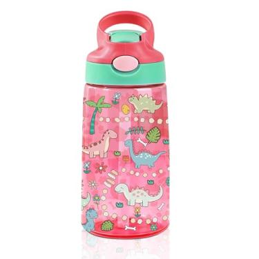 Imagem de Garrafa de água infantil de dinossauro de 400 ml com tampa de canudo - Garrafas de água fofas para crianças, à prova de vazamento, leves e duráveis garrafas de plástico para escola, capa de canudo