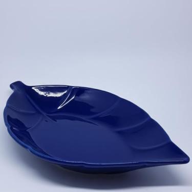 Imagem de Travessa de Servir Grande Formato Folha Decorativa em Cerâmica Branca. Ideal para Servir e Decorar. Minimalista (Azul Cobalto)