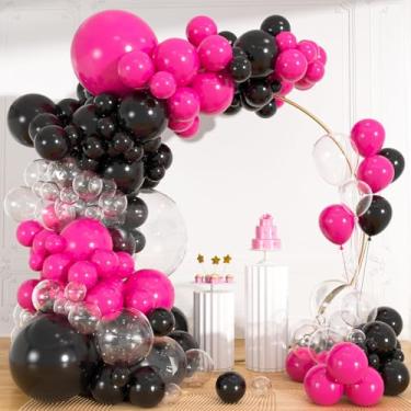 Imagem de 113 peças de balões rosa e preto, kit de arco de guirlanda de balões transparentes, 18/12/10/12 polegadas rosa choque preto e balões góticos transparentes para aniversário, dia dos namorados
