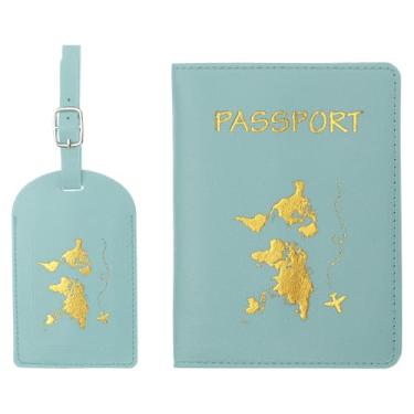 Imagem de Suporte de capa de passaporte e conjunto de etiqueta de bagagem, capa de couro PU para passaporte, etiqueta de viagem, identificador de mala, acessórios de viagem para homens e mulheres, azul claro