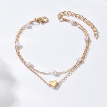 Imagem de Pulseira de coração delicada de camada dupla com pérolas ou contas douradas, pingente minimalista de amor, One Size, Metal Plástico, Sem Pedra Preciosa