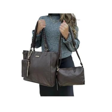 Imagem de Kit 3 Peças Bolsa Feminina com Alça Trançada, Couro Sintético, Marrom, Conjunto Bolsa Grande 30x27x11cm, Bolsa Média 28x18cm e Necessaire 17x10cm