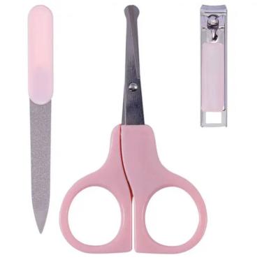 Imagem de Kit Higiene Manicure Cuidados 3 Pçs Cortador Lixa Tesoura  ROSA