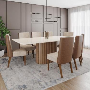 Imagem de Conjunto Mesa Solana 200cm com Vidro 08 Cadeiras Anne Marrom/Off White/Cacao