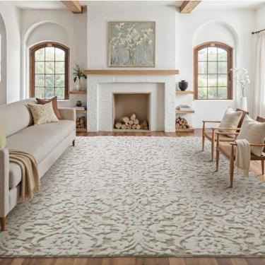 Imagem de WondRg Tapete felpudo lavável marrom e marfim 15 x 23 cm para sala de estar, floral, neutro, macio, antiderrapante, durável, tradicional, vintage, quarto, escritório, sala de jogos, sala de jantar