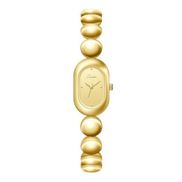 Imagem de Relógio feminino vintage delicado com pulseira de quartzo – Relógio de pulso feminino de luxo minimalista oval com mostrador dourado fino e elegante à prova d'água, Dourado, Luxuoso