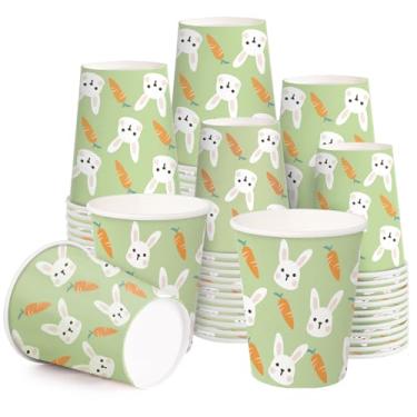 Imagem de WRAPAHOLIC Copos de papel de Páscoa de 255 g - Pacote com 50 copos descartáveis com design de coelhinho de cenoura, xícara de café, copos de bebida quente/fria para suco de água, perfeito para chá de