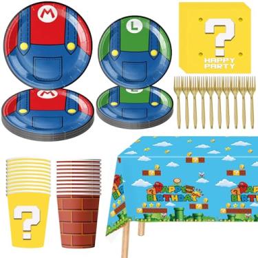 Imagem de Conjunto de 101 pratos e guardanapos de papel Mario, inclui 40 pratos, 20 guardanapos, 20 copos de papel, 20 garfos de plástico e 1 toalha de mesa para decorações de festa
