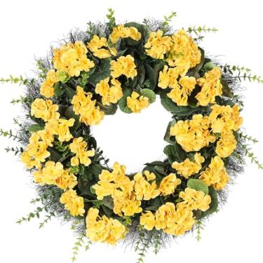 Imagem de KuiMen Guirlandas de primavera e verão para porta da frente, guirlanda de gerânio artificial amarela de 61 cm com placa de suspensão abençoada, para decoração interna e externa (amarelo, 24)