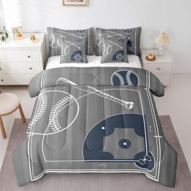Imagem de Erosebridal Jogo de cama de beisebol infantil com estampa de bolinhas reversível, 7 peças, para meninos, com tema esportivo, Queen, cinza