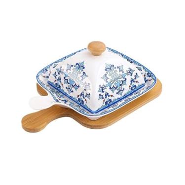 Imagem de x3anggyt5 Assadeira Prato de Arroz Assado Prato de Forno de Micro-ondas com Tampa Assadeira Cerâmica Prato de Queijo Prato de Manteiga Pratos Comerciais Caçarola para Forno (Azul)