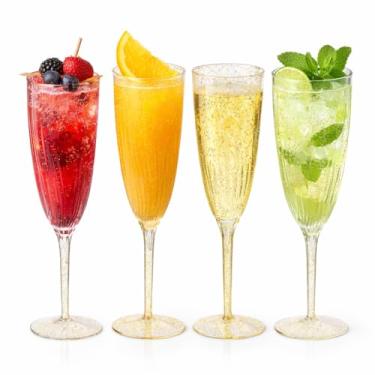 Imagem de Oojami Taças de champanhe de plástico com glitter dourado de 170 g, pacote com 24, taça de champanhe de plástico rígido descartável para festa, casamento, e champanhe