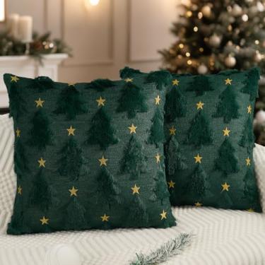 Imagem de Artmag Capas de travesseiro de Natal 56 x 55,88 cm conjunto de 2 fronhas verdes escuras de estrela de árvore de Natal de pelúcia macia para decoração de sofá de treinador de casa no inverno
