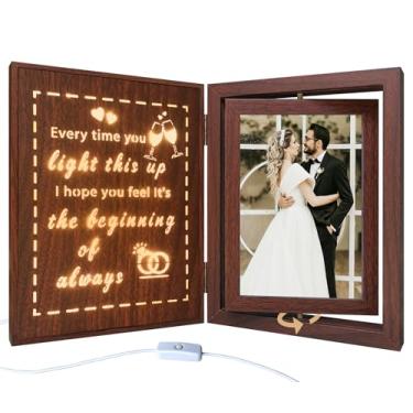 Imagem de Moldura de casamento iluminada para casais – Moldura giratória de madeira para noivado, 10 x 15 cm, presente com citação "Every Time You Light This Up – I Hope You Feel It's the Beginning of Always