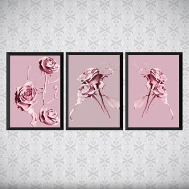 Imagem de Kit 3 Quadros Flores Rosas Tinta 33X24Cm