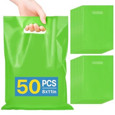 Imagem de ANZNKU 50 peças de sacolas verdes de lembrancinhas de festa 20 x 28 cm, bolsa de presente para artesanato de joias de doces, sacolas de presente de plástico com alças cortadas em matriz para