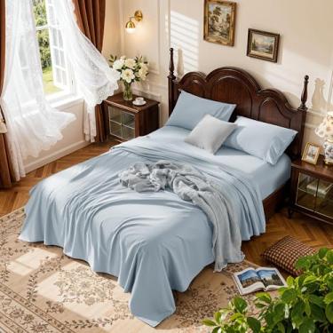 Imagem de LBRO2M Jogo de lençóis 1000 fios 100% algodão egípcio tamanho Queen, conjunto de 4 peças lençol de cama com bolso profundo 40,6 cm macio e confortável para todas as estações (Queen, azul gelo)