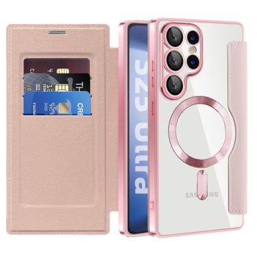 Imagem de QIVSTAR Capa magnética para Samsung Galaxy S25 Ultra, compatível com MagSafe, com suporte de cartão de crédito com bloqueio de RFID, capa traseira transparente à prova de choque para Samsung Galaxy
