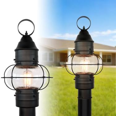 Imagem de Kalium Poste de luz externa com fio rígido, preto fosco poste luminária com vidro semeado, lanterna de coluna externa impermeável de 48 cm para quintal garagem pátio jardim passarela paisagem E26 base