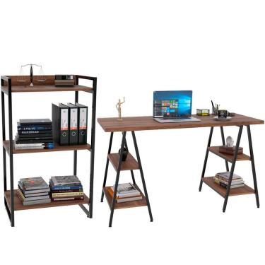 Imagem de Kit Mesa Cavalete 135 cm com Estante 3 Prateleiras Estilo Industrial Form C01 Nogal - Lyam Decor