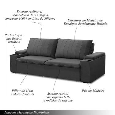Imagem de Sofá Retrátil e Reclinável 3 Lugares 225cm Kent Porta Copos no Braço Veludo Grafite G22 - Gran Belo