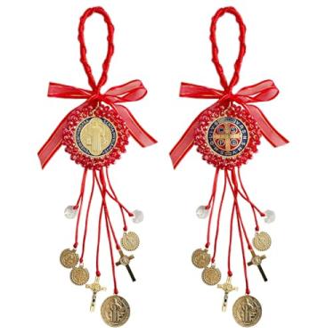 Imagem de Escapularios Catolicos, 2 peças, pingente de bênção de proteção com medalha dourada de São Bento, crucifixo de São Bento, joias católicas feitas à mão, presente de carro, decoração de casa (2 vermelho