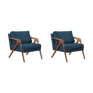 Imagem de Kit 2 Poltronas Decorativa Mona Luxo Veludo Azul Base Madeira Maciça