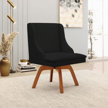 Imagem de Cadeira Decorativa Sala De Jantar Base Giratória De Madeira Firenze Linho Preto/natural G19