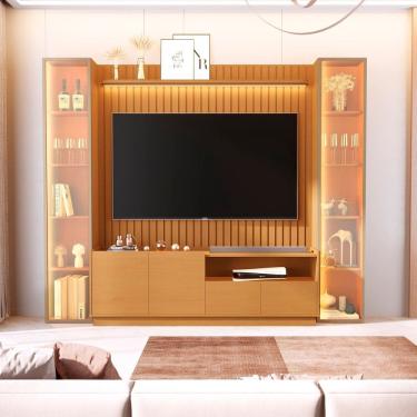 Imagem de Rack com Painel Ripado para Tv 75 Polegadas 100% Mdf 2 Torre com Porta Reflecta Led Vitoria Regia Marrom