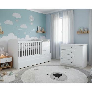 Imagem de Berço Multifuncional Cleo e Cômoda Infantil Americano Ambiente Branco Fosco - Carolina