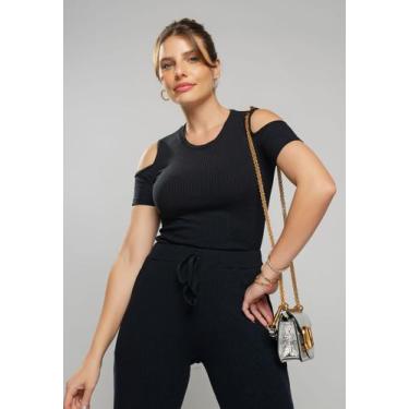 Imagem de Blusa Canelada Manga Curta Ombro Vazado Preto Salvatore, Preto, P