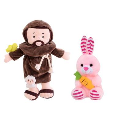 Imagem de Kit Boneco Jesus de Pano Antialérgico Religioso + Coelho de Pelúcia Br