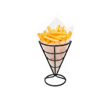 Imagem de Suporte Cone Fritas Cestinha Inox Preto Servir Petisco Bar - casa cha