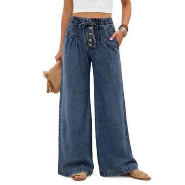 Imagem de Calças femininas Tankaneo, pernas largas, jeans largos, azul escuro