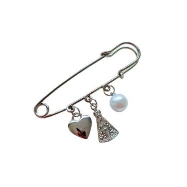 Imagem de Broche Alfinete com Pingentes de Pérola, Coração e Nossa Senhora - Pis