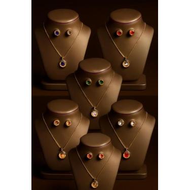 Imagem de Conjunto Colar Brinco Círculo Aço Inox 45cm  Várias Cores de Pedra Zir