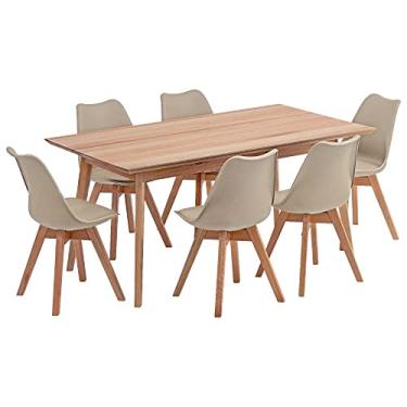 Imagem de Conjunto Mesa de Jantar Retangular Vértice 160cm Natural com 6 Cadeiras Leda em Madeira Maciça - Nude