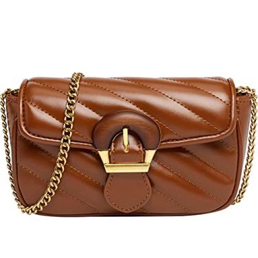 Imagem de Bolsa tiracolo pequena acolchoada com aba superior para mulheres com corrente moderna casual bolsa de ombro Tote de couro vegano, Marrom