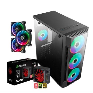 Imagem de Kit Gabinete C3147 Gamer + Fonte 500w 80 Plus + Kit 3 Cooler Gamer - Brazilpc- C/ Lateral de Vidro