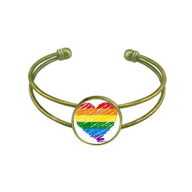 Imagem de Bracelete de arco-íris gay com coração lésbico LGBT pulseira retrô de punho aberto, Metal, Na