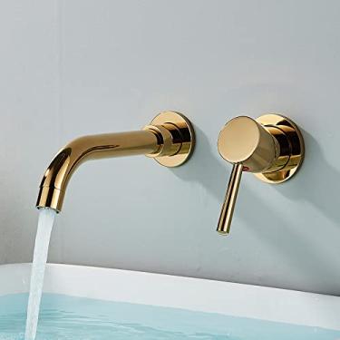 Imagem de Torneira de lavatório de ouro escovado Torneira de parede embutida com rotação de 360° Manípulo único Torneira misturadora para banho de água quente e fria, dourada polida