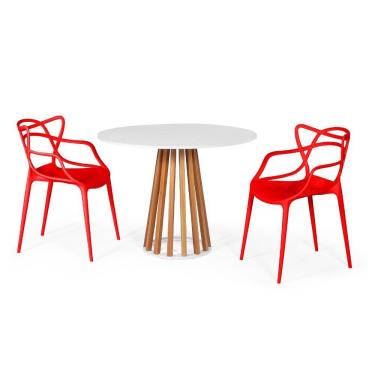 Imagem de Conjunto Mesa de Jantar Redonda Branca 100cm Talia Amadeirada com 2 Cadeiras Allegra - Vermelho