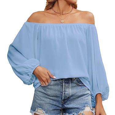 Imagem de VINGVO Blusa de ombro de fora, manga bufante longa, cor pura, blusa feminina tomara que caia para compras, Azul-celeste, P