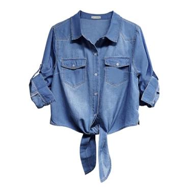 Imagem de luvamia Blusa jeans feminina moderna abotoada na frente blusa jeans manga 3/4 jeans cambraia cardigã cropped, Azul clássico, M