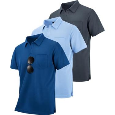 Imagem de ZITY Pacote com 3 camisetas polo masculinas com bolso, manga curta, absorção de umidade, uso ao ar livre, casual, verão, Azul claro + cinza + azul royal, G